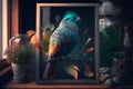 Beautiful crested bird with multicolored plumage in the frame on the windowsill. Decoration of the room. Generative AI