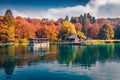 Beautiful Croatian scenery. Excursion ships on the lake. Attractive autumn view of Plitvice lake Royalty Free Stock Photo