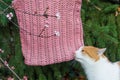 Beautiful crocheted pink handbag with cat in autumn