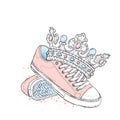 Beautiful crown and sneakers. A ramp illustration for a postcard or a poster, a print on clothes. Fashion & Style.