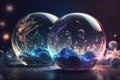 Beautiful crystal ball with bubbles and plants inside. 3D rendering