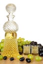 Beautiful crystal bottle and two glasses of traditional bulgarian home made strong alcohol grape drink grozdova rakia on a Royalty Free Stock Photo