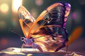 Beautiful crystal butterfly closeup with sunrays. Glass transparent magical creature, glassy wings generative ai design