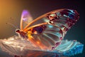 Beautiful crystal butterfly closeup with sunrays. Glass transparent magical creature, glassy wings generative ai design