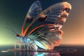 Beautiful crystal butterfly closeup with sunrays. Glass transparent magical creature, glassy wings generative ai design