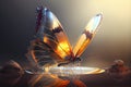 Beautiful crystal butterfly closeup with sunrays. Glass transparent magical creature, glassy wings generative ai design