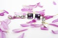 Beautiful crystal earings with lila petals Royalty Free Stock Photo