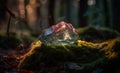 Beautiful crystal in forest. generative ai.