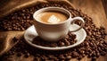 Beautiful cup coffee, latte art, grains Royalty Free Stock Photo