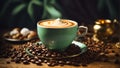 Beautiful cup coffee, latte art, grains vintage background Royalty Free Stock Photo