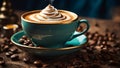 Beautiful cup coffee, latte art, grains vintage background aromatic Royalty Free Stock Photo