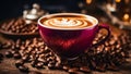 Beautiful cup coffee, latte art, grains vintage background aromatic cafe Royalty Free Stock Photo