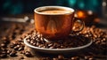 Beautiful cup coffee, latte art, grains vintage background aromatic cafe milk Royalty Free Stock Photo