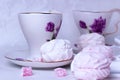 Beautiful cup with flower ornament stands on the table. Nearby are scattered pieces of oriental sweets and marshmallows. Dessert