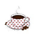 Beautiful cup and saucer. Coffee in a cup and coffee beans. Vector illustration.