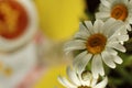 Beautiful cup of tea and floating yellow flowers on a yellow background with a bouquet of red peonies