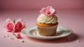 Beautiful cupcake with cream and flowers homemade