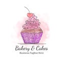 Beautiful Cupcake Logo with Cherry in Hand Drawn Doodle Watercolor Style