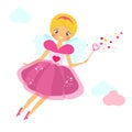 Beautiful Cupid girl spreading love dust. Winged flying fairy in pink dress flapping wand. Valentines day, romantic character. Vec Royalty Free Stock Photo