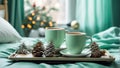 Beautiful cups with coffee on a hot , a pine cone, a Christmas caffeine branch, in the bedroom Royalty Free Stock Photo
