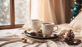 Beautiful cups with coffee on a tray, a pine cone, a Christmas caffeine branch, in the bedroom Royalty Free Stock Photo