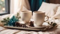 Beautiful cups with coffee on a tray, a pine cone, a Christmas tree branch, in the bedroom Royalty Free Stock Photo