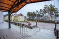 Beautiful curb appeal of a classic holiday home in Siberia with a beautiful front yard landscaping. Image of landscaping.