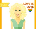 Beautiful curly blond girl with LGBT badge. Gays and lesbian couple vector illustration. Slogan love is love and rainbow