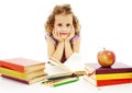 Beautiful curly girl with school books on the table