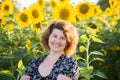 Beautiful curly-haired woman in field of sunflowers Royalty Free Stock Photo