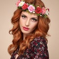 Beautiful Curly Redhead in Fashion Flower Wreath Royalty Free Stock Photo