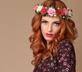 Beautiful Curly Redhead in Fashion Flower Wreath Royalty Free Stock Photo