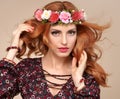 Beautiful Curly Redhead in Fashion Flower Wreath Royalty Free Stock Photo