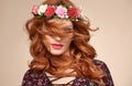 Beautiful Curly Redhead in Fashion Flower Wreath Royalty Free Stock Photo