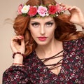 Beautiful Curly Redhead in Fashion Flower Wreath Royalty Free Stock Photo