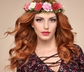 Beautiful Curly Redhead in Fashion Flower Wreath Royalty Free Stock Photo