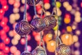 Beautiful curtain line of LED lighting with bokeh at night. Abstract line of LED light bokeh defocused background. Colorful decor Royalty Free Stock Photo