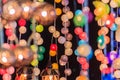 Beautiful curtain line of LED lighting with bokeh at night. Abstract line of LED light bokeh defocused background. Colorful decor Royalty Free Stock Photo