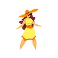 Beautiful curvy, overweight brunette girl in yellow dress and hat, plus size woman pinup model vector Illustration Royalty Free Stock Photo