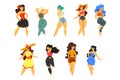 Beautiful curvy, overweight girls set, plus size women in fashionable clothes, pinup model vector Illustrations
