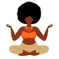 Beautiful curvy young black woman sitting in lotus position meditating. Stress management body positivity self-love concept.