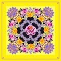 Beautiful cushion or bandana print with floral and paisley ornament on lemon yellow background Royalty Free Stock Photo