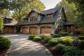 Beautiful custom built craftsman style home three car garage with wooden doors lush landscaping Royalty Free Stock Photo