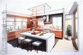 Beautiful Custom Kitchen Design Drawing and Gradated Photo Combination.