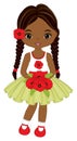 Beautiful Cute African American Girl Holding Bouquet of Red Poppies. Vector Black Girl with Poppies Royalty Free Stock Photo