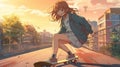 a beautiful and cute anime girl on a skateboard in front of a big asian town, action manga pose, ai generated image