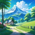 a beautiful cute anime landscape illustration with a small cottage and a long technology