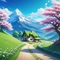 a beautiful cute anime landscape illustration with a small cottage and a long technology