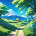 a beautiful cute anime landscape illustration with a small cottage and a long technology