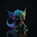 Beautiful Cute Baby Gremlin Shape In Green Purple Fire On Black Background Dazzling And Radiant. Generative AI